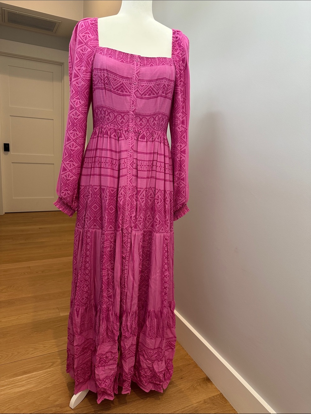 Hale Bob Fuchsia Pink Square-Neck Long Sleeve Maxi Dress